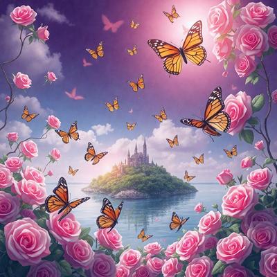 Primary subject: Butterflies
Setting/background: A beautiful island with a castle in the background, surrounded by a body of water.
Visual style: Digital art
Colors and mood: The image is colorful and vibrant, with a serene and peaceful atmosphere.